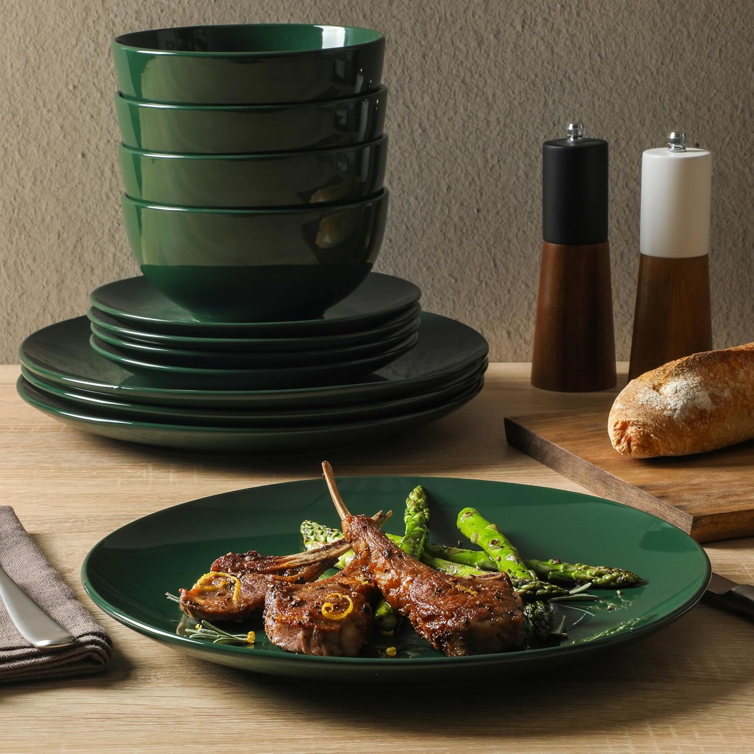 Gibson Simply Essential Coupe 12 Piece Round Stoneware Dinnerware Set in Hunter Green Gibson Simply Essential Coupe 12 Piece Round Stoneware Dinnerware Set in Hunter Green